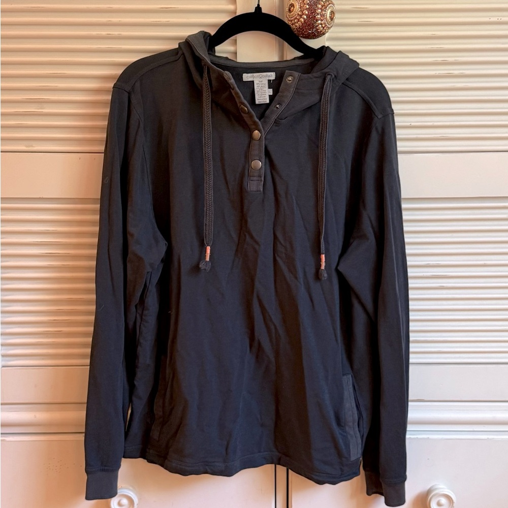 Carbon2Cobalt Women’s Black Hooded Long Sleeve Shirt, Snap Up Henley Style Large
